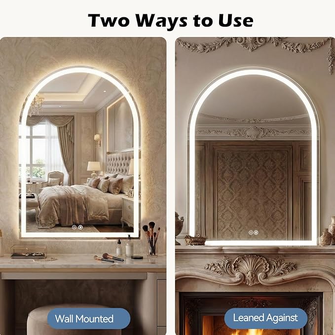 DUMOS 24"x32" LED Bathroom Mirror with Lights, Arched Vanity Mirror | Anti-Fog, Dimmable, 3-Color Light, Memory Function, Front Light and Backlit, Tempered Glass