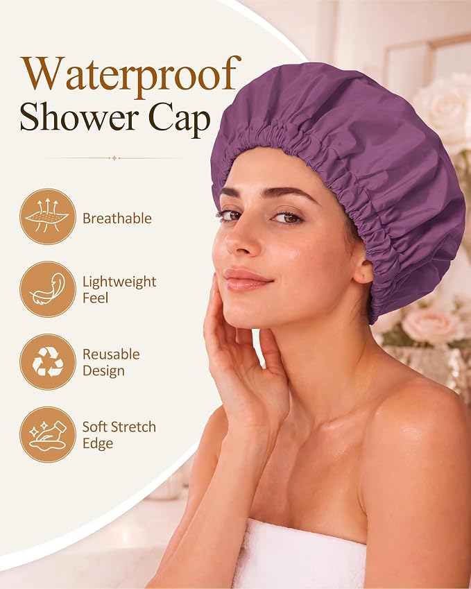 Edoneery Shower Caps for Women Reusable Waterproof, Shower Hair Cap | Washable Bonnet, Wide Elastic Band, Large Fit, Holds Long Hair, Braids Friendly, Bath Accessories, Spa, Travel