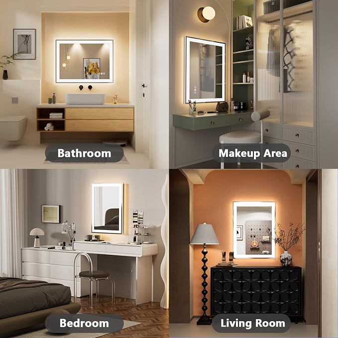 24x32 LED Bathroom Mirror, 6000LM, Separate Front and Back Lights | Shatter-Resistant Tempered Glass,Auto-Off Defogger,3 Color Modes,Smooth Dimming,Smart Memory Setting