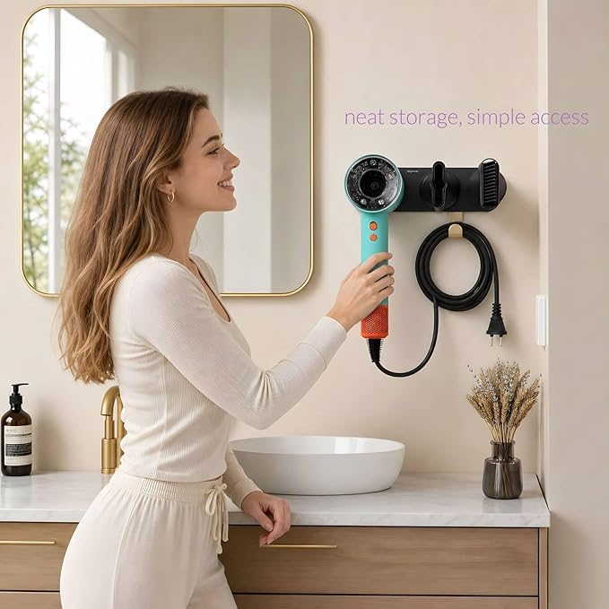simpletome Magnetic Hair Dryer Holder Wall Mount for Most High Speed Blow Dryer with Plug Cord Organizer Hook (Aluminum Alloy, Black)