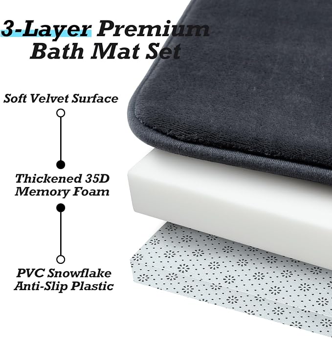 Bathroom Rugs Sets 2 Piece, Non-Slip & Quick Dry Bath Mat Set, Ultra Soft Velvet Bath Rugs for Bathroom, Toilet and Shower Floor, Dark Grey