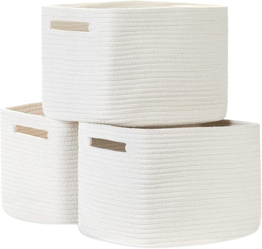 Temary Woven Storage Baskets, Set of 3 Rope Baskets for Storage Clothes, Towels, Versatile Boho Storage Bins (White, 13"x9.8"x8.5")