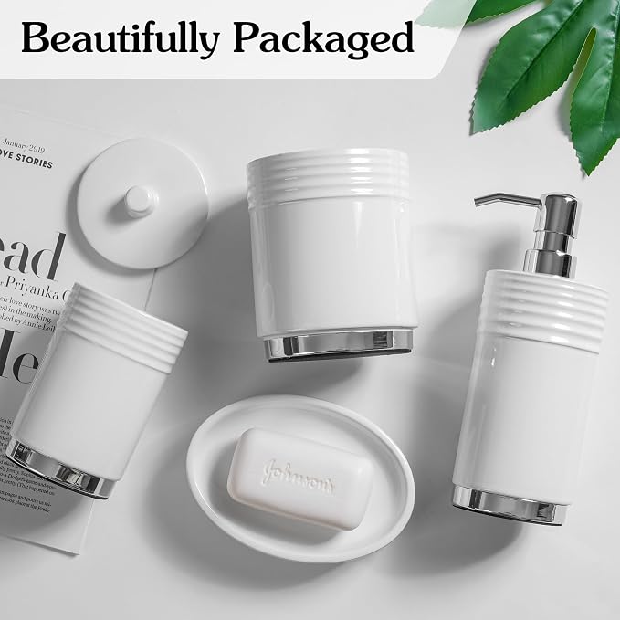 RQYIXI Ceramic 4-Piece Bathroom Accessories Set, White, Chrome Base | polished chrome metal base ribbed design with cotton canister hotel style countertop organization