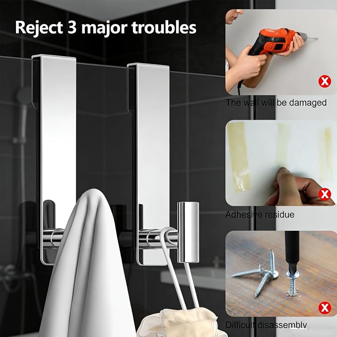 PMMASTO Shower Door Hooks, (7.5 Inch) Extended Towel Hooks for Bathroom Frameless Glass Shower Door, Stainless Steel Heavy Duty Hooks (Polished Silver, T Shape-Fits 3/8" Thick Door)
