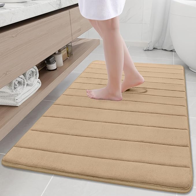 Buganda Memory Foam Bath Mat 47 x 32, Ultra Soft Absorbent Bathroom Rugs | Camel, Machine Washable Quick Dry Bath Mats for Bathroom Floor, Shower and Tub, Home Decor Accessories