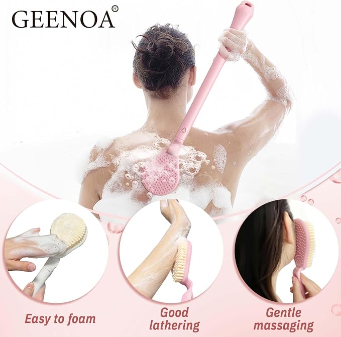 Back Scrubber for Shower & Silicone Bath Glove Set, 19’’ Detachable Long Handle Body Scrubber Wet or Dry Brush, Adjustable 2-in-1 Back & Body Brush with Soft Bristles for Deep Cleaning(Pink)