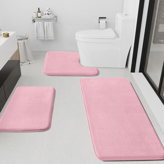 Bathroom Rugs Sets 3 Piece, Non-Slip & Quick Dry Bath Mat Set, Ultra Soft Velvet Bath Rugs for Bathroom, Toilet and Shower Floor, Rose Pink