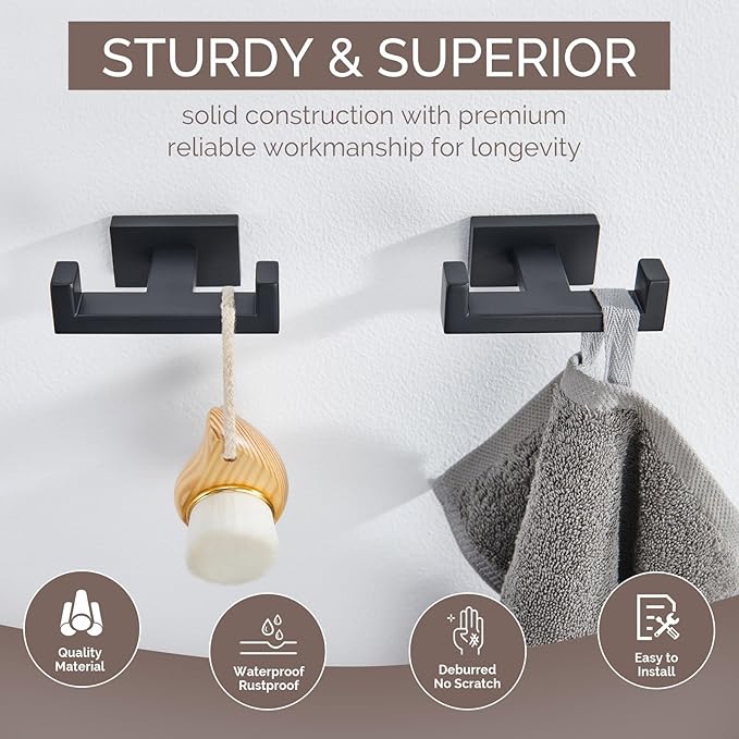 Angle Simple Bathroom Towel Hooks, SUS304 Stainless Steel Shower Double Robe Coat Hooks for Wall, Matte Black, 2 Pack