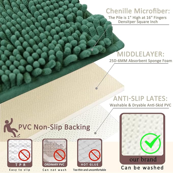 Bathroom Rugs Sets 3 Piece Non Slip,Bath Rugs with PVC Backing Bath Carpet,Bathroom Rug Washable,Absorbent,Plush Carpet Mats,Bath Mats for Bedroom, Kitchen,Tub,Home Decor Dark Green