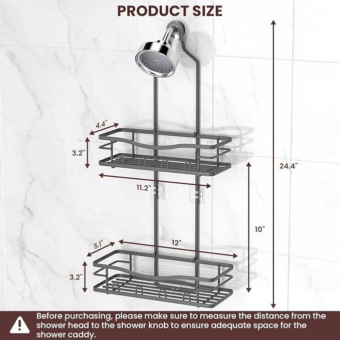 Rustproof Shower Caddy Hanging with Soap Holders for Bathroom, Grey | Shower Organizer with Multi Hooks Toothbrush Holder, No Drilling, Anti-Swing, Storage for Shampoo Conditioner Body Wash