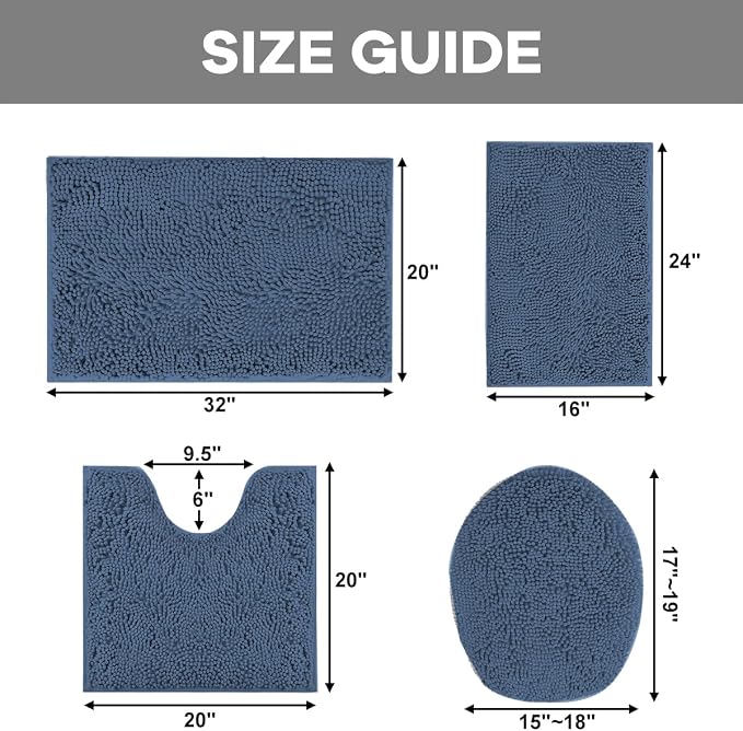 RUN HELIX Blue Bathroom Rugs Sets 4 Piece with Toilet Lid Cover, Non Slip Bathroom Mats Extra Soft Chenille Bath Rugs Absorbent Shaggy Rugs Perfect Plush Mats U-Shaped Toilet Rug Bathoom Set