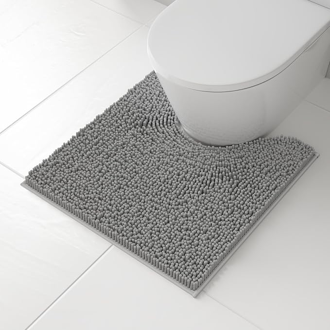 RUN HELIX Toilet Rugs U-Shaped 20x20 Extra Soft Chenille Bath Rugs, PVC Backing Quick Dry, Machine Washable Contour Bathroom Rugs for Toilet Contoured Bath Mats Home Decor Accessories Light Grey