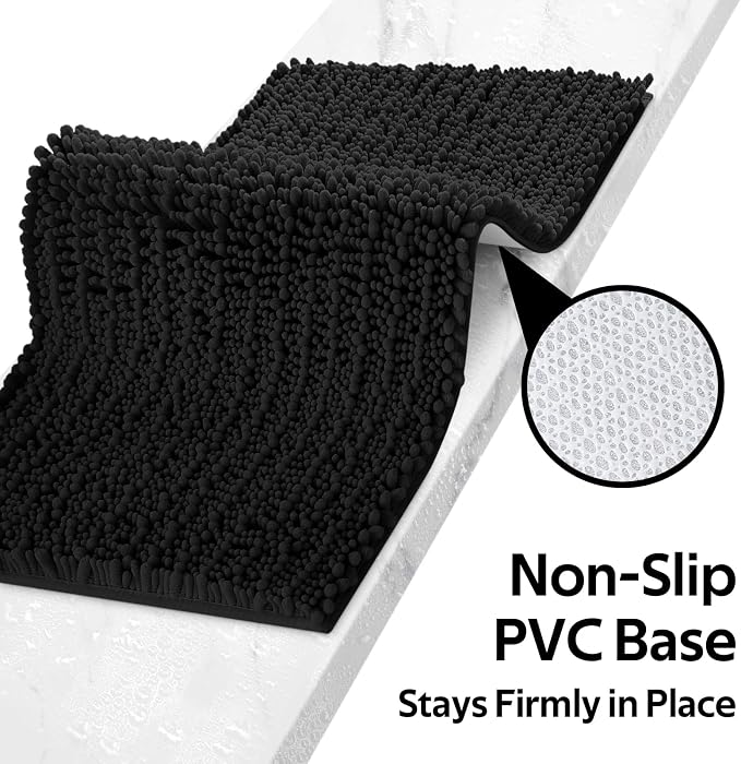 ACCUMTEK Upgrade Luxury 2 Piece Black Toilet Bathroom Rug Mat 60"x20"+32"x20", Ultra Soft Thick Absorbent Bath Mats, Non Slip Chenille Toilet Mat for Bathroom, Bedroom, Kitchen, Shower, Tub