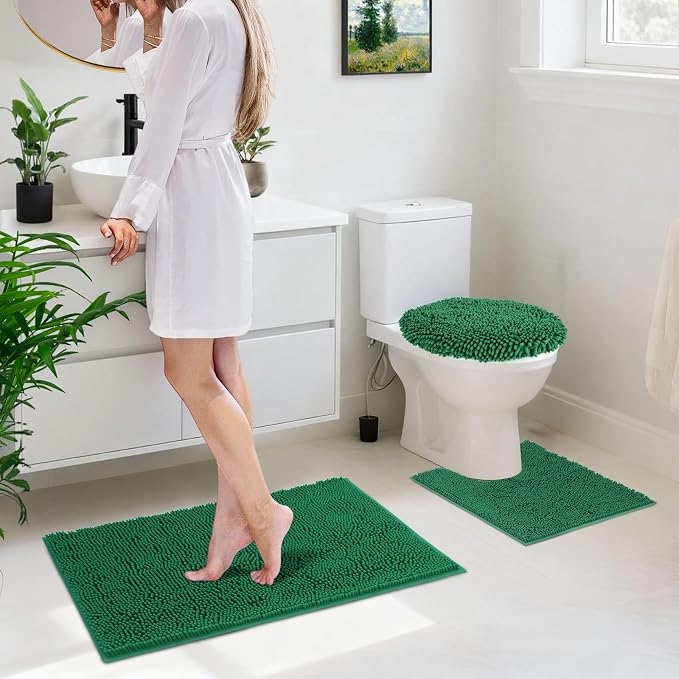 Bathroom Rugs Sets 3 Piece with Toilet Seat Cover 19.5"x 18.5" | Machine Washable Bath Rug Set with Tpr Non Slip Rubber Backing Solid Bath Mat Set for Luxury Bathroom Decoration