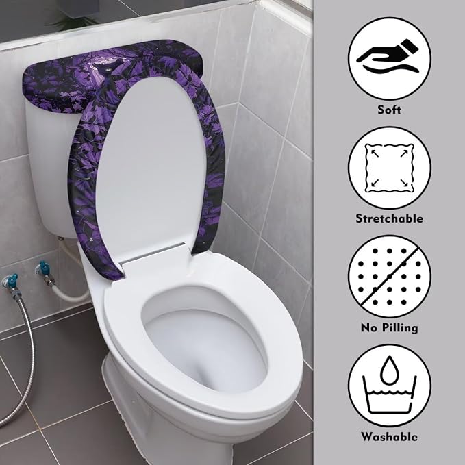 Black Cat Toilet Lid Covers for Bathroom Set Soft Toilet Seat Cover Set with Elastic Band Washable Elongated Halloween Decoration
