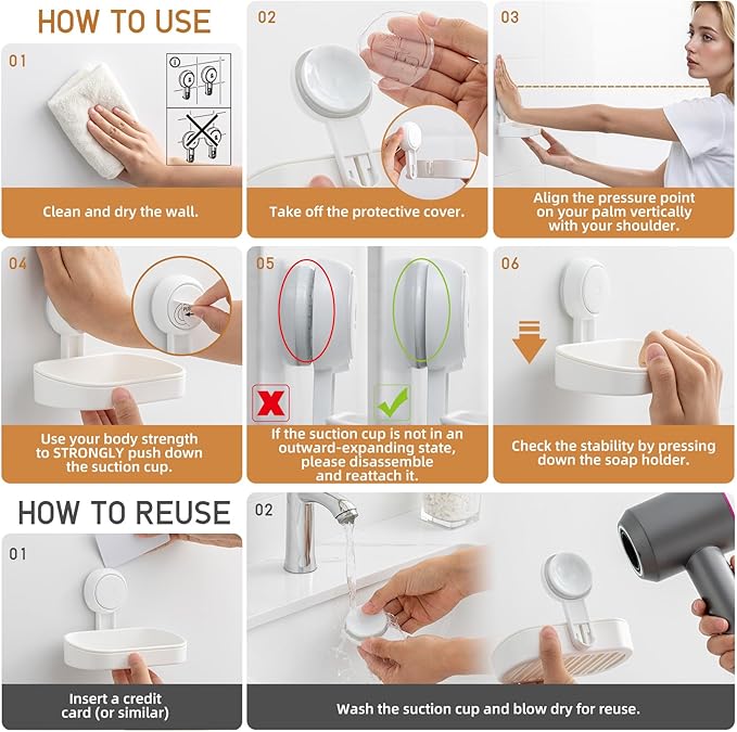 Soap Holder, Soap Dish for Shower, Suction Cup Bar Soap Holder | Soap Bar Holder for Shower, Wall Mounted Self Draining, NO Drill Sponge Holder for Bathroom, Bathtub Kitchen Sink, White