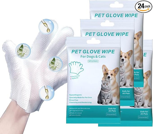 24PCS Unscented Extra Thick Pet Glove Wipes for Dogs & Cats, Dog Cat Washing Cleaning Gloves, Dog Grooming Bath Gloves for Daily Care and Traveling, Rinse Free