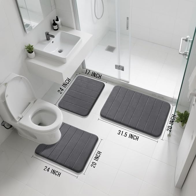 Yimobra Memory Foam Bath Mat Set 3 Pieces- Super Soft Absorbent Quick Dry Bathroom Rug Sets, Machine Washable Non Slip Floor Carpet for Tub Shower, Vanity & Toilet Base, Dark Gray