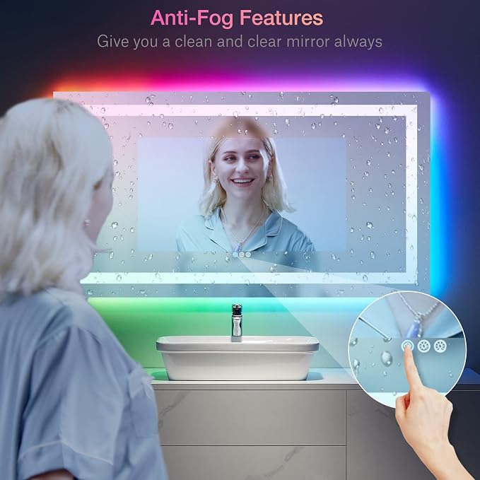 LOAAO 55"X30" RGB LED Bathroom Mirror with Lights, UL Listed | Anti-Fog, Dimmable, RGB Backlit + Front Lighted, Memory Function, Tempered Glass