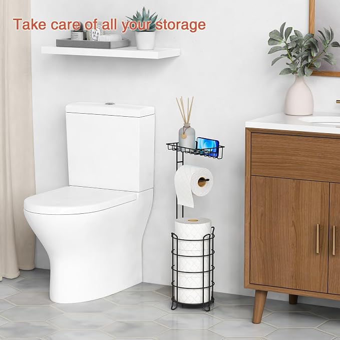Goozii Matte Black Free Standing Toilet Paper Holder Stand with Shelf, Freestanding Bathroom Tissue Dispenser with Wipes Storage, Floor Toilet Paper Holder with Phone Tray for Large Mega Rolls