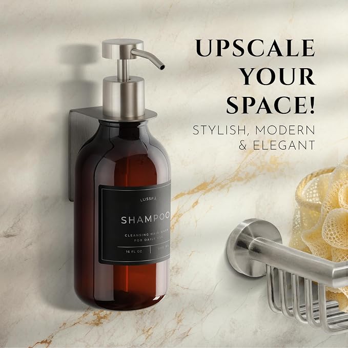 Shower Shampoo Dispenser Wall Mounted – Refillable 16.9 oz Amber Bottle with Stainless Steel Pump & No-Drill Adhesive Holder – Soap Dispenser for Bathroom (1 X Amber/Silver)