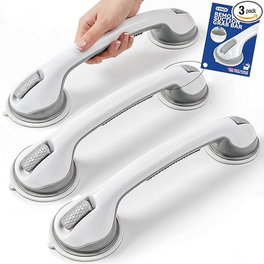 Grab Bars for Shower, 3 Pack Suction Cup Shower Handle with Textured Grip, 16.5 Inch Removable Bath Handrails for Seniors, Elderly and Handicap, Drill-Free Balance Support for Smooth Tile