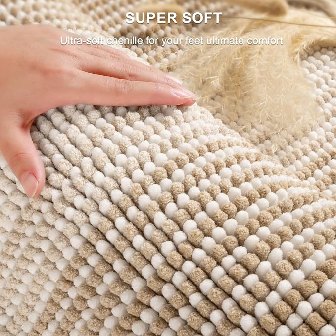 Bathroom Rugs Sets 2 Piece, Non Slip Boho Bath Mats, Beige | 20"x47" Plus 20"x32", Soft Absorbent Striped Chenille, Quick Dry Machine Washable, Shower Rug for Bathroom Bedroom Décor