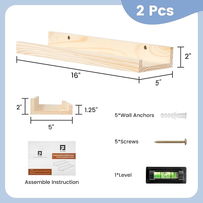 Picture Ledge Shelf for Wall, 16 inch Solid Pine Wood Nursery Book Shelves 2 Packs, Floating Ledge Shelves for Kids' Room Bedroom Bathroom Living Room Photo Frames Office Nursey Wall Decor, Natural