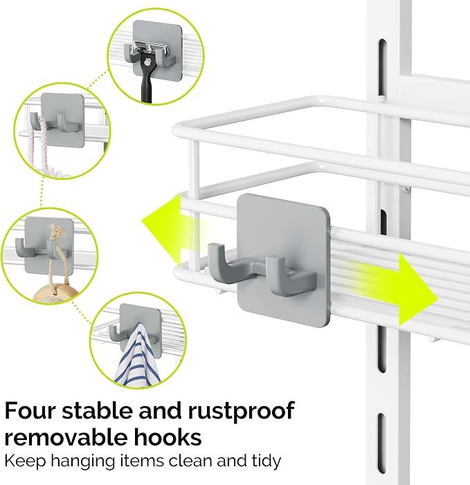 Orimade Over the Door Shower Caddy Adjustable 5 Tier Black,Bathroom Hanging Organizer Shelf Rustproof with 4 Hooks,Shower Basket with Soap Holder and Suction Cup, White