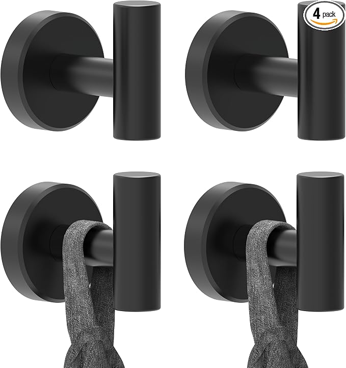 RARXTR Black Bathroom Towel Hook, Coat Robe Clothes Hook for Kitchen Garage Wall Mounted 4 Pack, 304 Stainless Steel, Heavy Duty Door Hanger, Cabinet Closet Wall Hook for Hotel Pool (Matte Black)