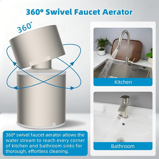 Hibbent NSF/ANSI/CAN 61 Certified Faucet Aerator, CUPC Certification 360° Swivel Kitchen Faucet Aerator, 2 Flow Sprayer Modes Water Saving Faucet Extender-55/64"-27UNS Female Thread/Brushed Nickel