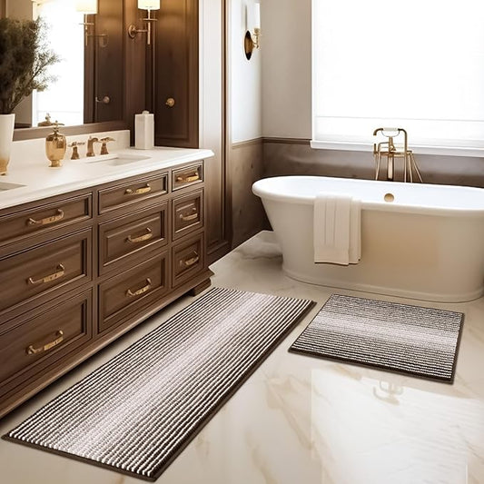 Bathroom Rugs Sets 2 Piece, Non Slip Striped Bath Mats, Brown | 20"x47" Plus 16"x24", Soft Absorbent Chenille, Quick Dry Machine Washable, Shower Rug for Bathroom Floor, Tub, Bedroom Decor
