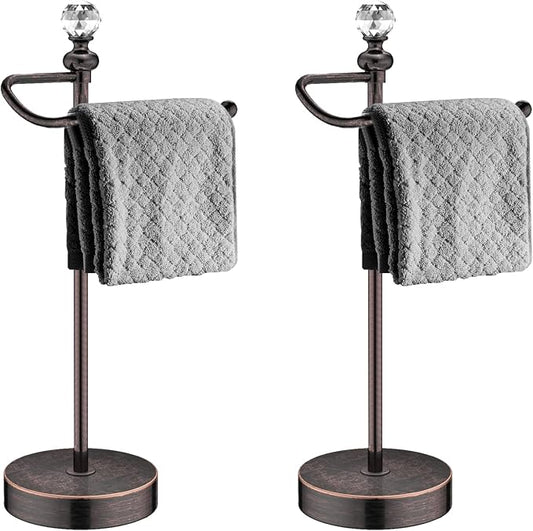ROLABAM Bathroom Hand Towel Holder with Crystal Ball, Countertop Towel Holder Stand 15.7” H, Stainless Steel Classic Vintage Hand Towel Rack Stand with Heavy Weighted Base (Oil Rubbed Bronze, 2 Pack)
