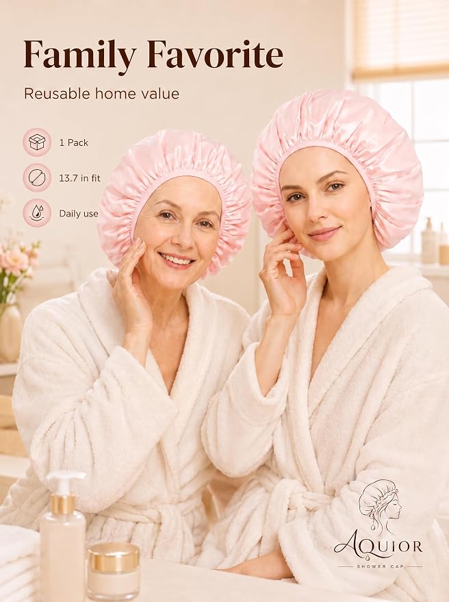 Aquior Shower Cap,Triple Layer Shower Cap for Women, Reusable Waterproof Bath Cap,Silky Satin Outer Layer Terry Lining, Extra Large for Women Long Hair(Pink)