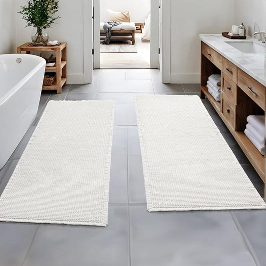 MIULEE Set of 2 Waffle Bathroom Runner Rugs White 2'x5'(24"x60") | Non Slip, Super Absorbent, Washable, Ultra Soft, Boho Bath Mats for Bathroom Hallway Bedroom Laundry Room Kitchen