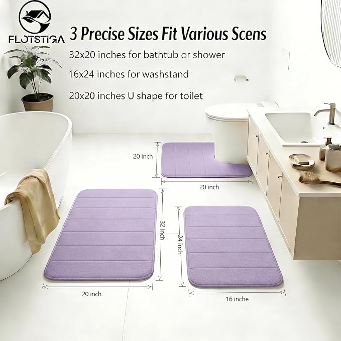 Memory Foam Bath Mat Set 3 Piece，Super Soft Absorbent Bathroom Rug Non Slip, Quick Dry,Machine Wash, Perfect Plush Bathroom Rugs,Home Decor Accessories,Lavender Purple