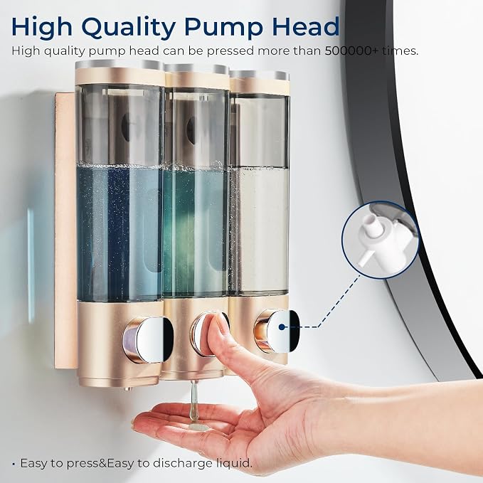 Pollock Shower Soap Dispenser No Drill 3 Chamber*300ML,Gold | Shampoo and Conditioner Dispenser Wall Mounted,Shampoo Body Wash Conditioner for Bathroom Large Capacity