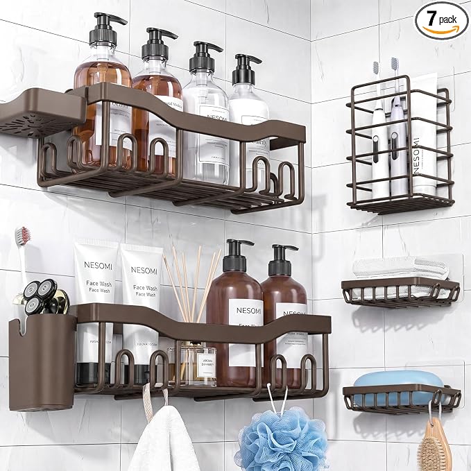 NESOMI Shower Caddy Adhesive Shower Organizer 7-Pack, Rustproof Stainless Steel Bathroom Shelves, Large Capacity No-Drill Rack Storage Accessories with Soap Dish Toothbrush Holder Hooks