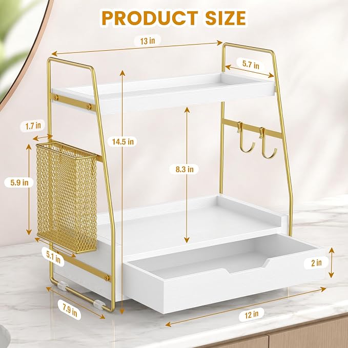 2-Tier Bathroom Counter Organizer with Drawer and Basket, Wood Vanity Countertop Storage for Perfume, Makeup, Skincare, Bathroom Counter Shelf, 13" x 7.9" x 14.5", White Gold