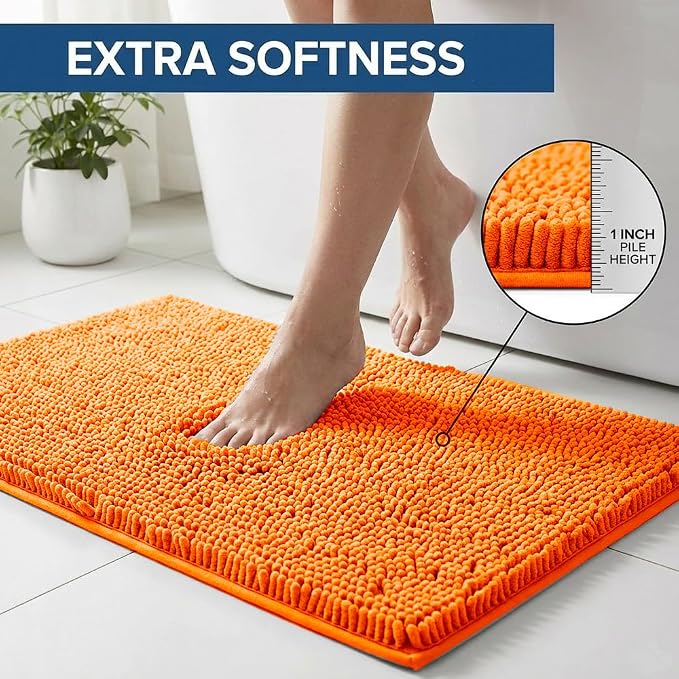 Bathroom Rugs Sets 2 Piece,Super Absorbent Chenille Bath Mats and U-Shaped Toilet Rug,Strong PVC Non Slip Backing,Microfiber Washable Dry Quickly Bath Mats for Bathroom(20"x32"+20"x20"U, Orange)