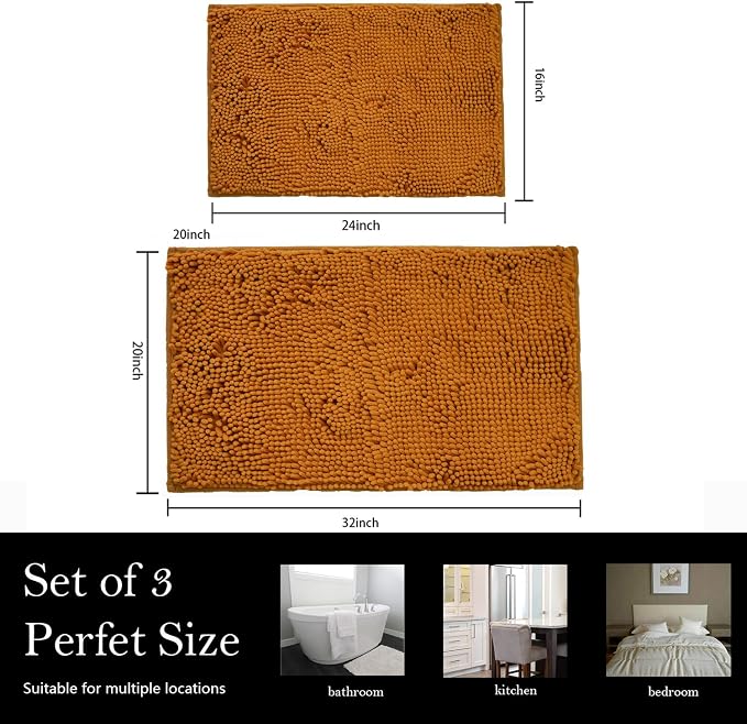 Bathroom Rugs Chenille Bath mat 2 Piece Set, Super Absorbent, PVC Non Slip Backing, Bath mats for Bathroom, Plush Shaggy, Thick, Machine Washable, Bathtub, Shower, Toilet.(Champagne)