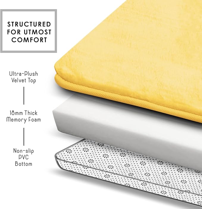 Clara Clark 3 Piece Bathroom Rugs Bath Mat Set, Velvet Memory Foam Bath Mats for Bathroom - Non-Slip, PVC Backing Bath Rugs, Washable - Dries Quickly, Yellow