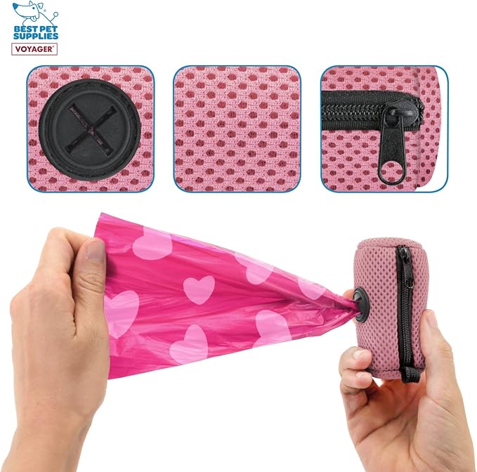 Best Pet Supplies Dog Poop Bag Holder Leash Attachment with Reusable Dispenser for Travel, Walking, Park, and Outdoor Use, Durable with Clip-On - Pink, Pack of 2, Mesh Dispenser w/30 Bags