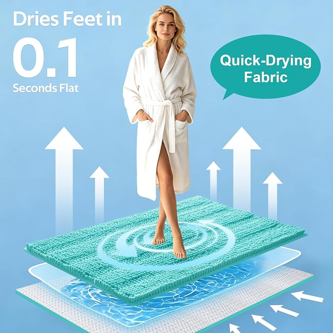 ACCUMTEK Striped Teal Green Bathroom Rug Set 3 Pieces Ultra Soft, Non Slip Chenille Toilet Mat, Absorbent Plush Shaggy Bath Mats for Bathroom, Bedroom, Kitchen, Turquoise