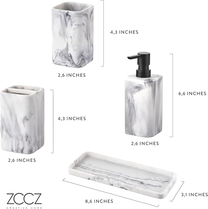 Bathroom Accessory Sets, 4 Pieces Bathroom Accessories Complete Set Vanity Countertop Accessory Set with Marble Look, Includes Lotion Dispenser, Toothbrush Holder and Tray (White Marble Look)