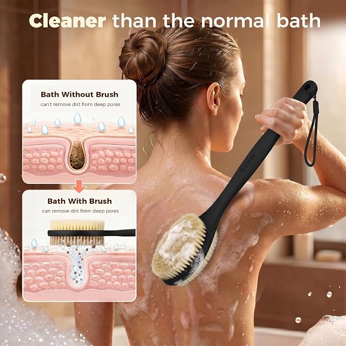 Back Scrubber for Shower with Long Handle, Exfoliating for Body,Black | Double Sided Bristles (Stiff & Soft), Anti-Slip Grip, Lightweight - Gift for Seniors, Includes Lanyard & Hook