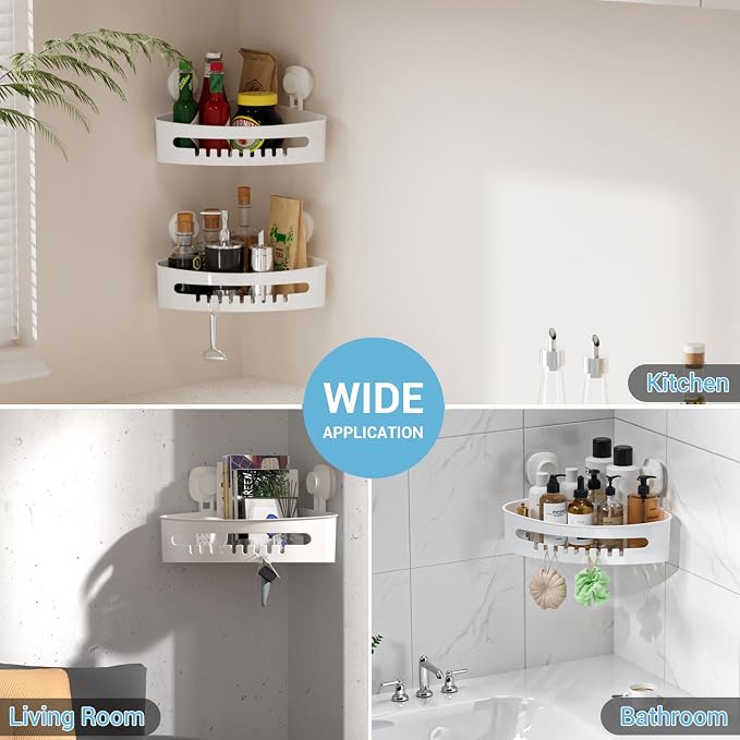 LUXEAR Corner Shower Caddy Suction Cup No-Drilling Removable Shower Caddy Basket Powerful Suction Bathroom Shower Shelf Waterproof & Rustproof Organizer for Bathroom Storage - White