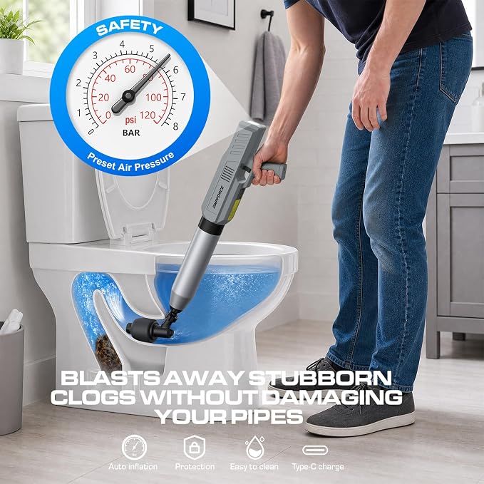 Electric Toilet Plunger, Heavy-Duty Clog Remover, Dark Gray | High-pressure air plunger for bathrooms. Powerful toilet drain unclogger.