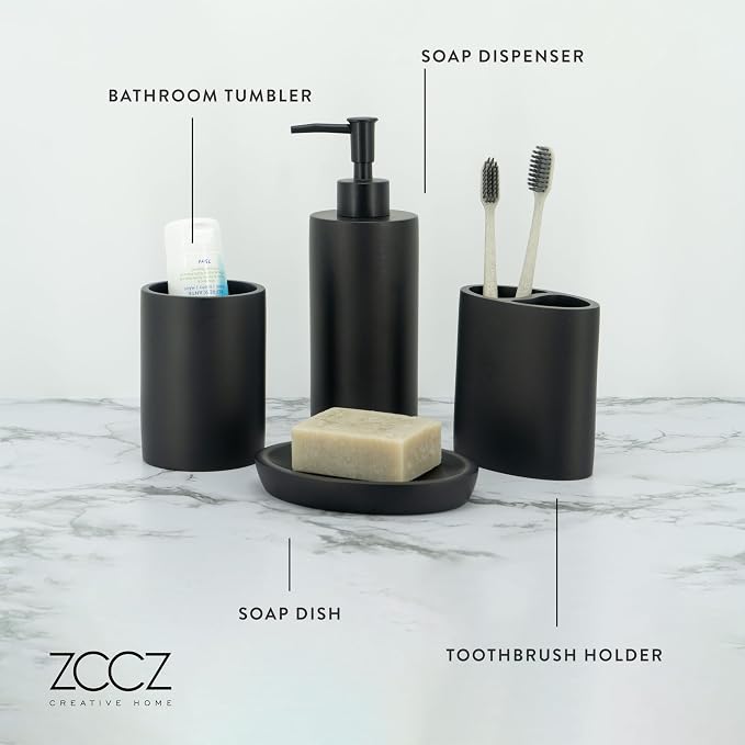 Bathroom Accessory Sets, 4 Pieces Bathroom Accessories Complete Set Vanity Countertop Accessory Set, Includes Lotion Dispenser Soap Pump, Toothbrush Holder and Tray (Matte Black Look Rounded)