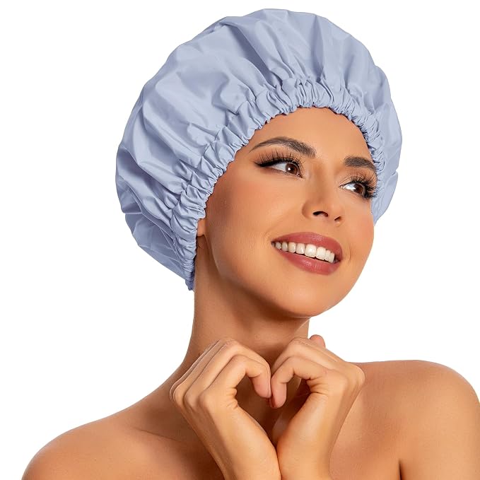 Edoneery Shower Caps for Women Reusable Waterproof, Shower Hair Cap | Washable Bonnet, Wide Elastic Band, Large Fit, Holds Long Hair, Braids Friendly, Bath Accessories, Spa, Travel